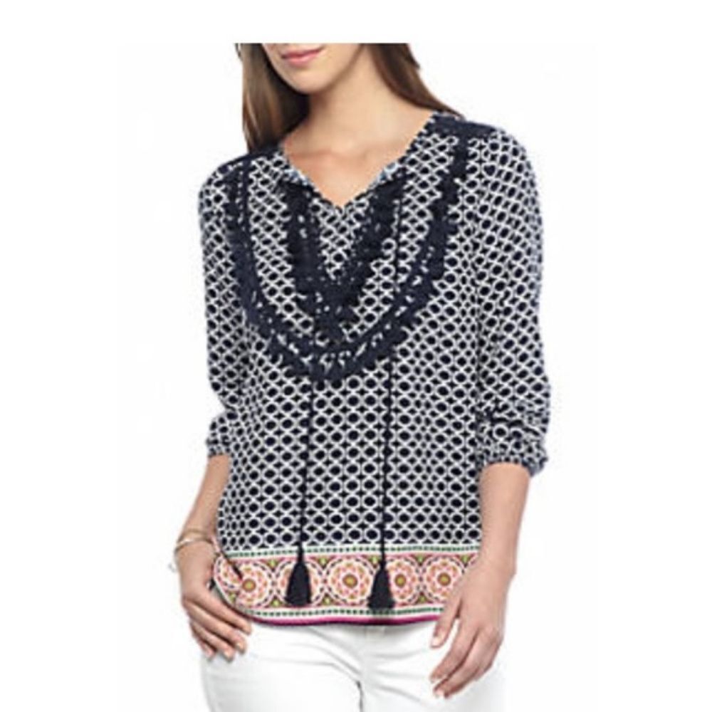 Crown & Ivy Tassel Crochet Trim Blouse